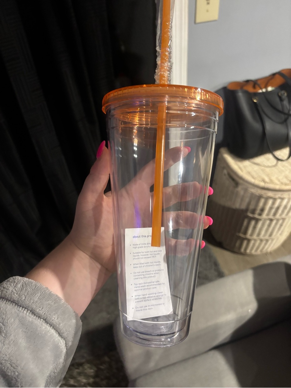 Clear Double-Wall Tumbler with Orange Lid and Straw